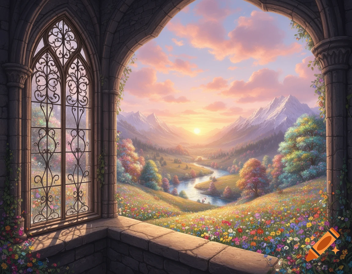 A vibrant fantasy landscape viewed through a gothic castle window, with a river, flowery valley, and mountains at sunset.