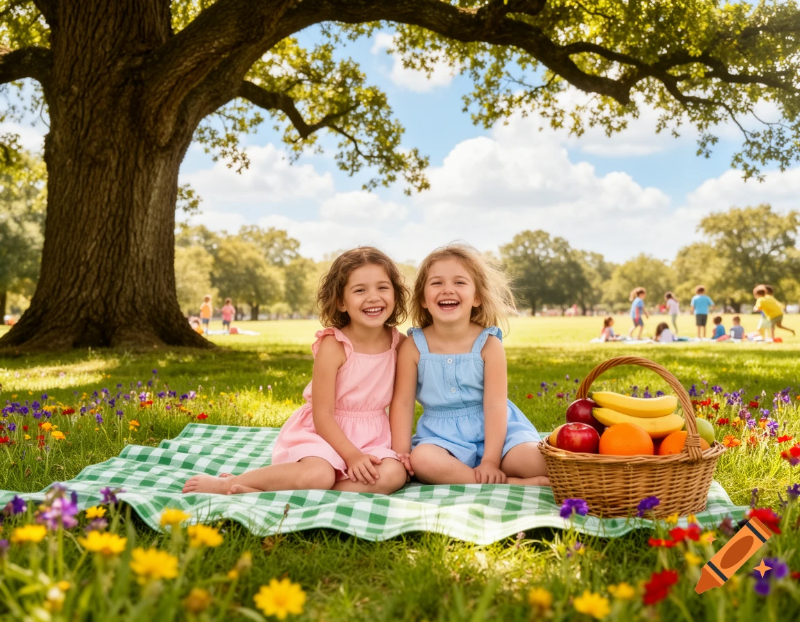 Two cheerful young girls sit on a green picnic blanket with a fruit basket under a large tree in a sunny park where other children play.