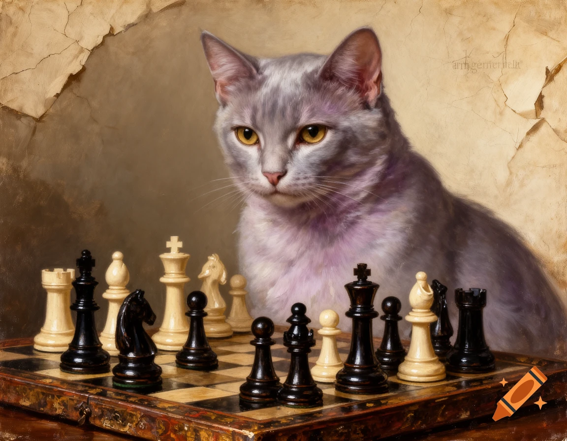 A grey cat intently watches a chessboard with black and white pieces, depicted in an oil painting style.