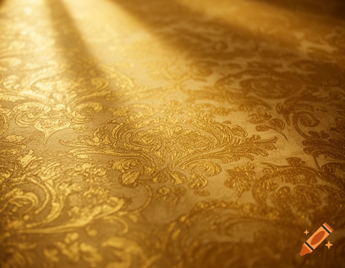A close-up of a shimmering gold texture with intricate retro patterns, illuminated by bright rays of light.