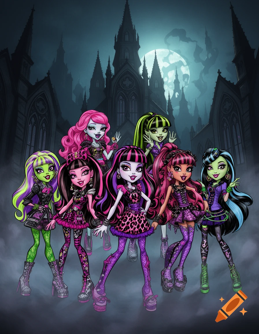 Seven diverse Monster High characters with colorful hair and gothic outfits stand before a dark, moonlit castle.