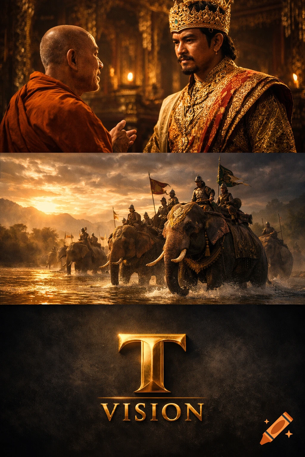 A triptych showing a bald monk talking to a crowned king, then armored soldiers on elephants crossing a river at sunset, and finally a golden T-VISION logo.