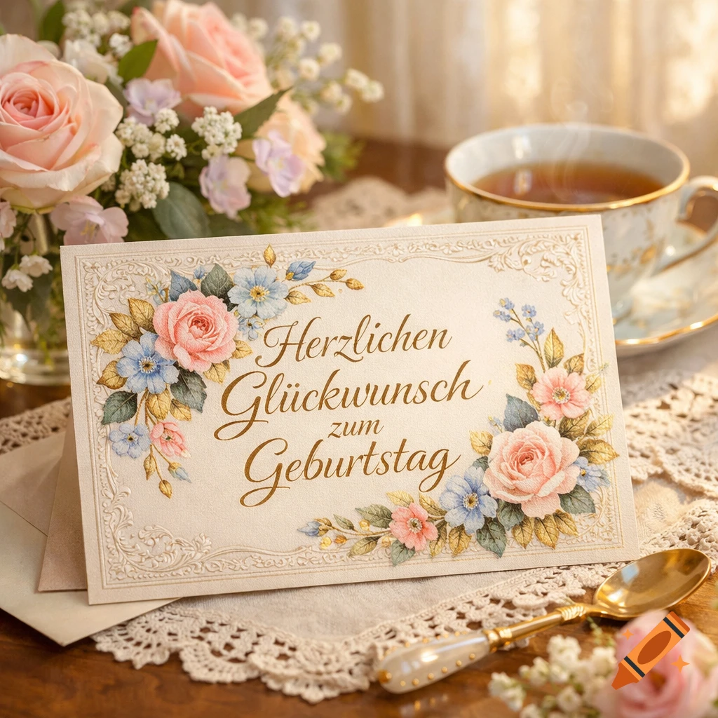 A vintage-style birthday card with floral embellishments, text "Herzlichen Glückwunsch zum Geburtstag," next to a bouquet of pink roses and a steaming teacup.