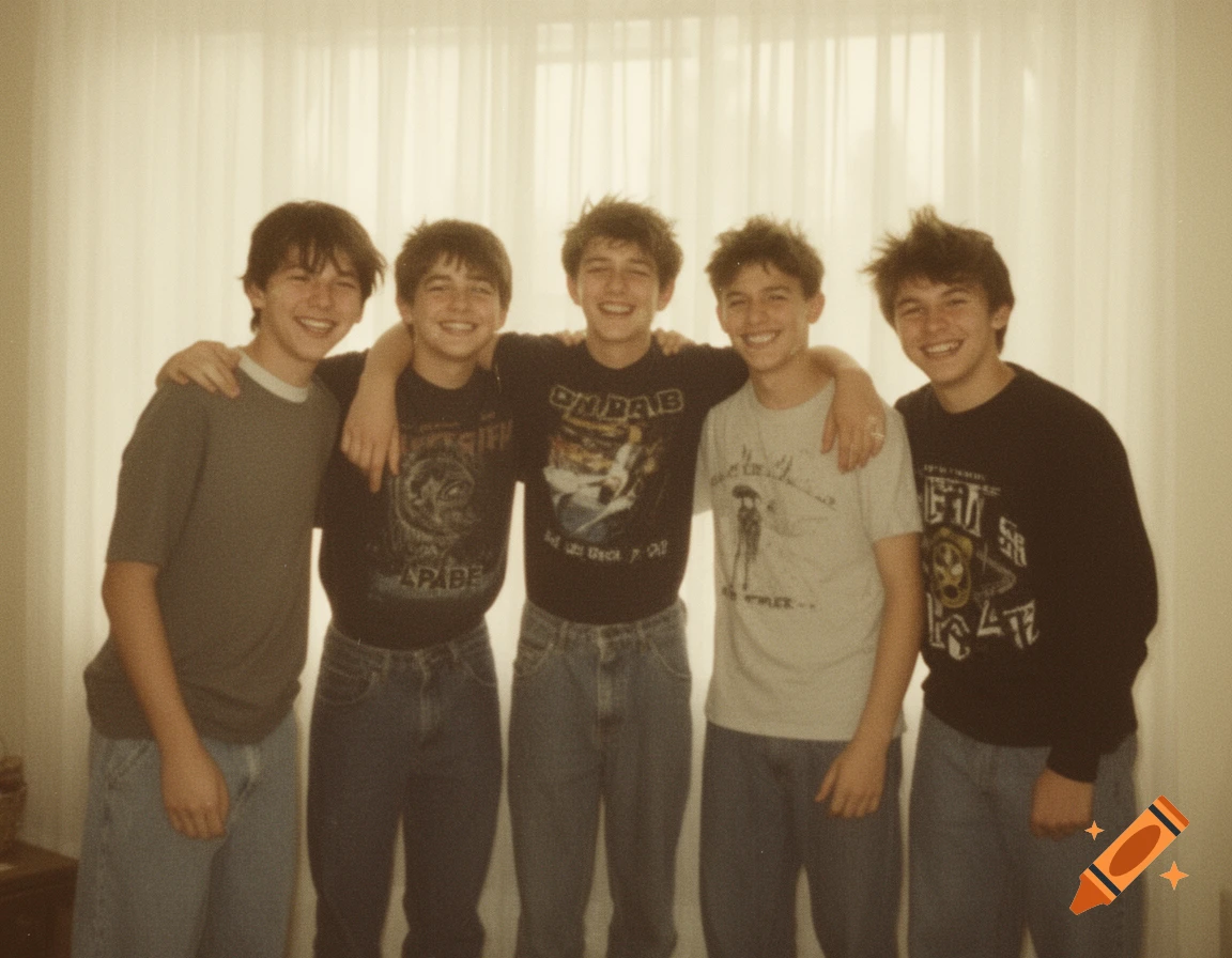 Five smiling teenage boys with messy hair, wearing jeans and t-shirts, stand with arms around each other in a vintage-style photo.