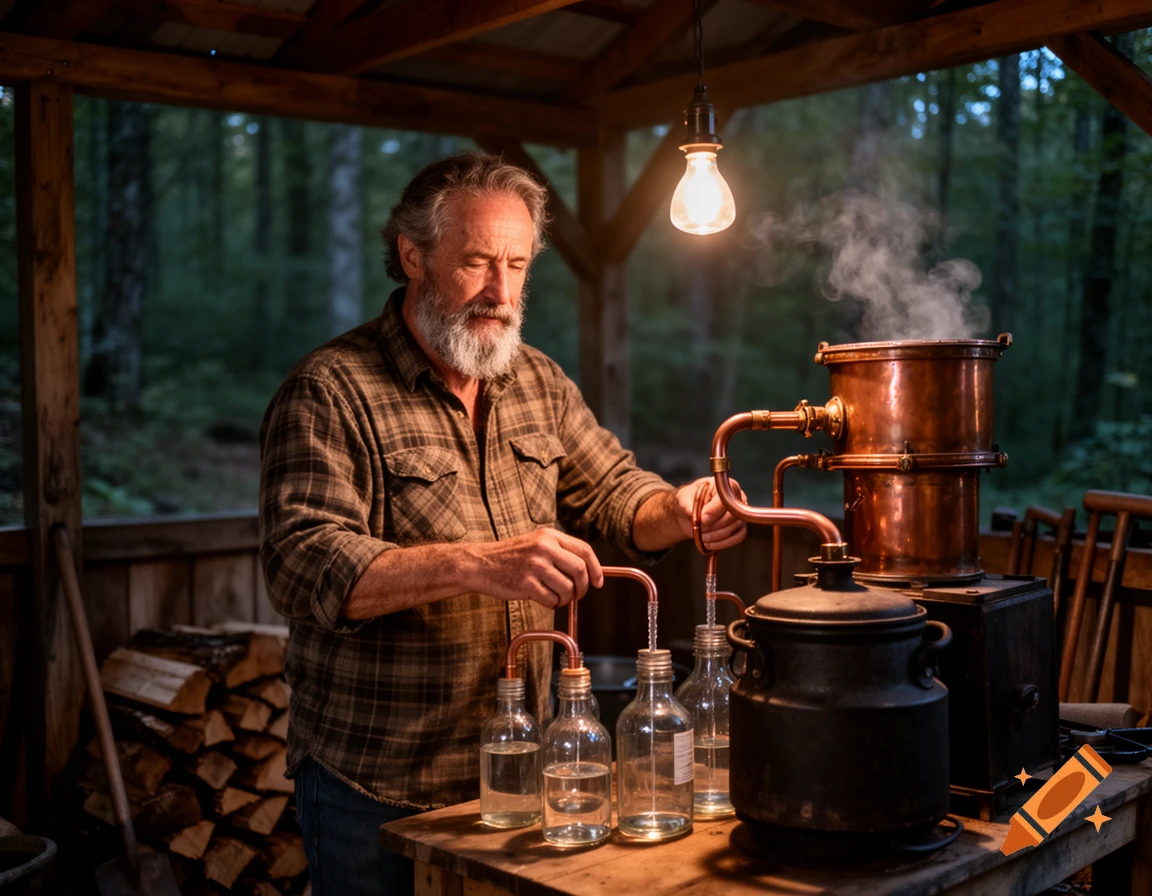 An older man with a beard uses a copper still to make moonshine in a rustic wooden shed in the forest, illuminated by a hanging light bulb.