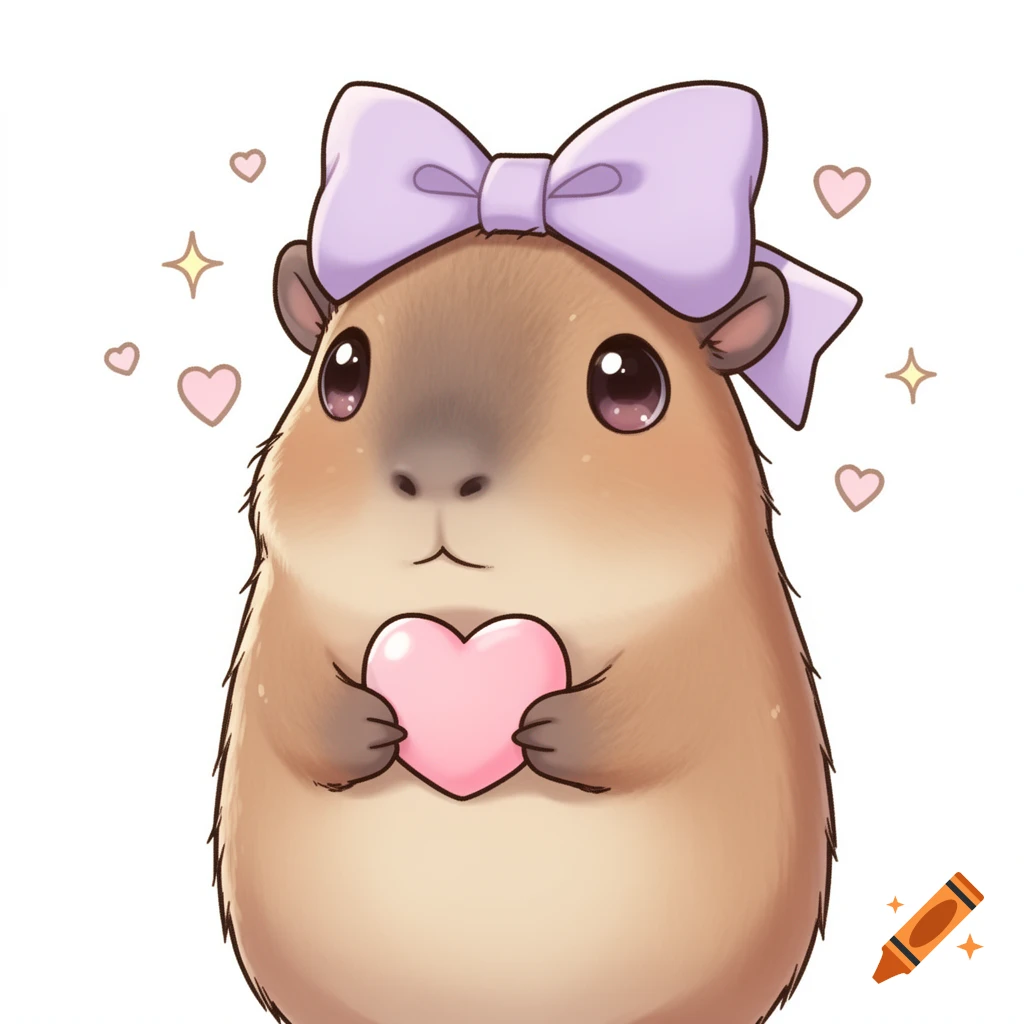 Kawaii cartoon capybara wearing a purple bow and holding a pink heart, with floating hearts and stars.