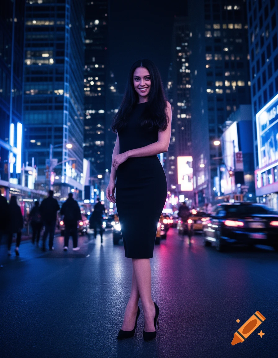 A smiling woman in a black dress poses on a city street at night, with ...
