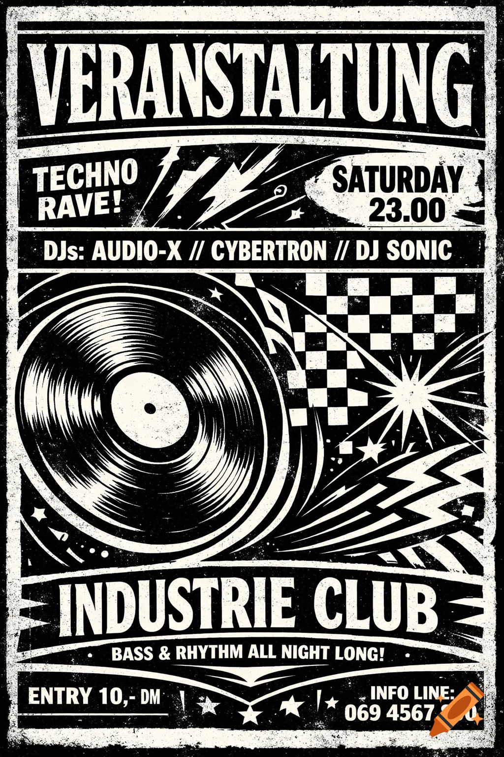 A black and white, old-school style techno rave poster with a distressed texture, featuring a vinyl record, lightning bolts, stars, and event details.