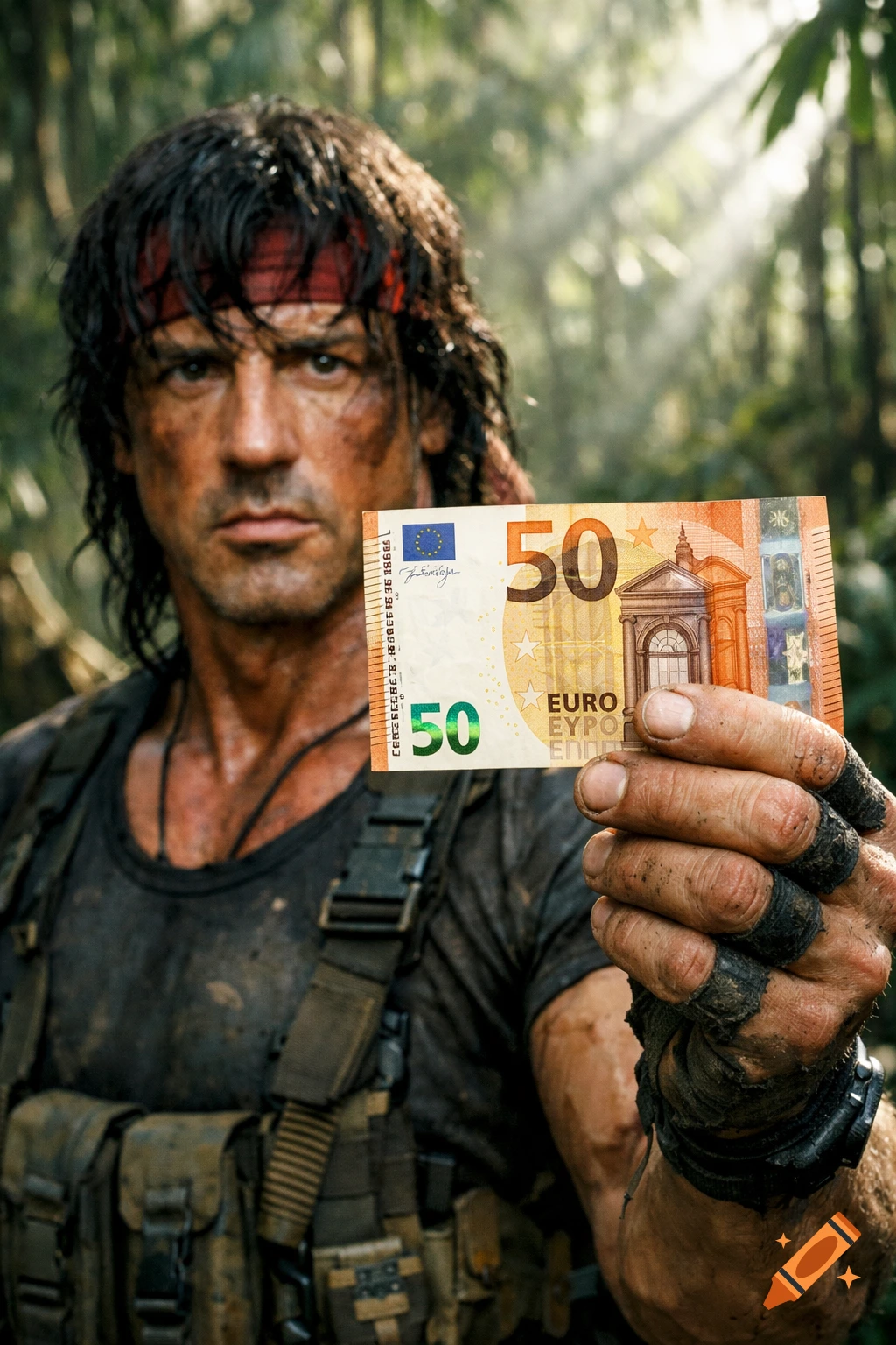 A gritty man resembling Rambo, with mud on his face in a jungle, holds up a 50 Euro banknote.