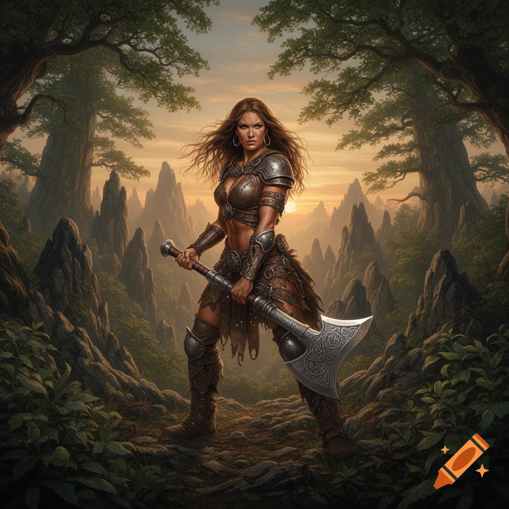 A powerful female barbarian with an axe stands in a fantasy forest and rocky landscape at sunset.