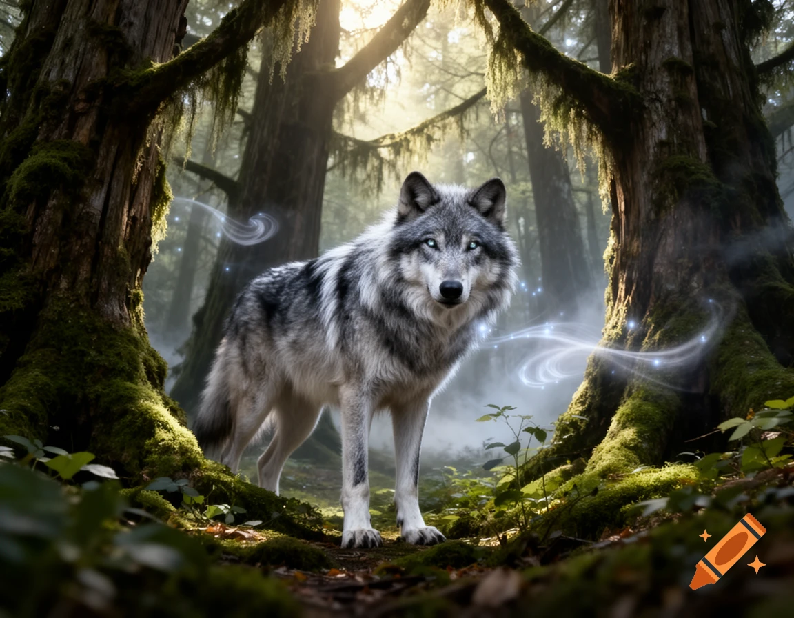 A majestic gray wolf with glowing blue eyes stands in a mystical, mossy forest with swirling magical light, photorealistic.