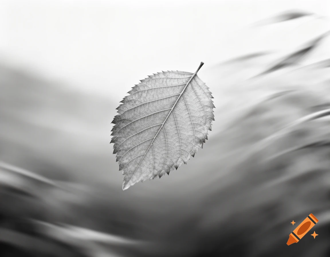 A single detailed leaf with serrated edges floats against a softly blurred, abstract black and white background.