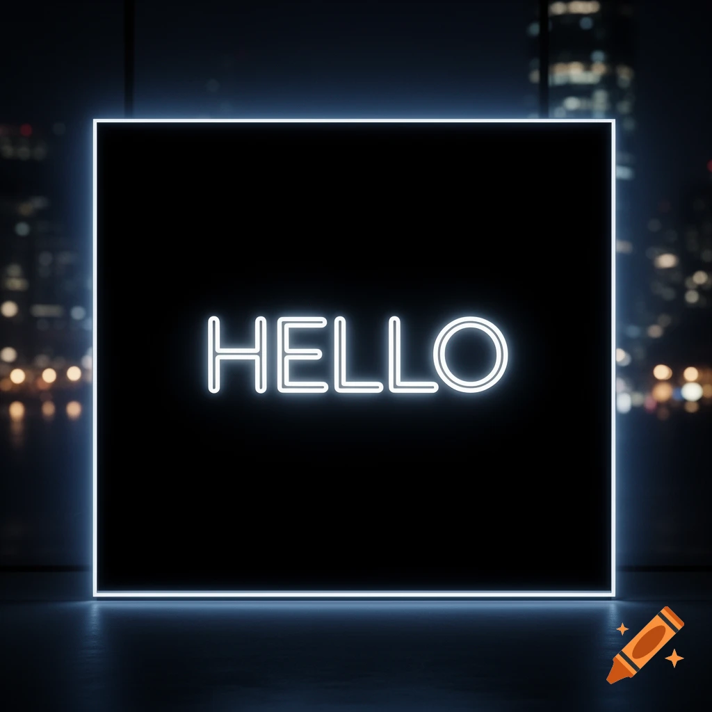 A glowing white neon sign displaying the word 'HELLO' on a black square, set against a dark, blurry city night skyline.