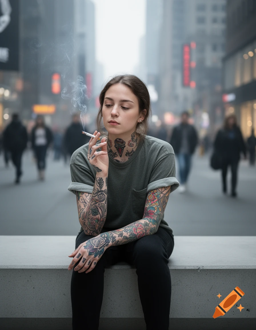 Photorealistic image of a heavily tattooed young woman smoking a cigarette while sitting on a ledge in a city street.