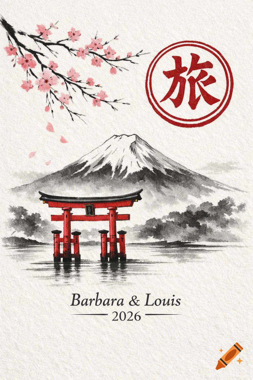 A sumi-e watercolor illustration of a red torii gate in water before Mount Fuji, with cherry blossoms and text 'Barbara & Louis 2026' and kanji '" "'.