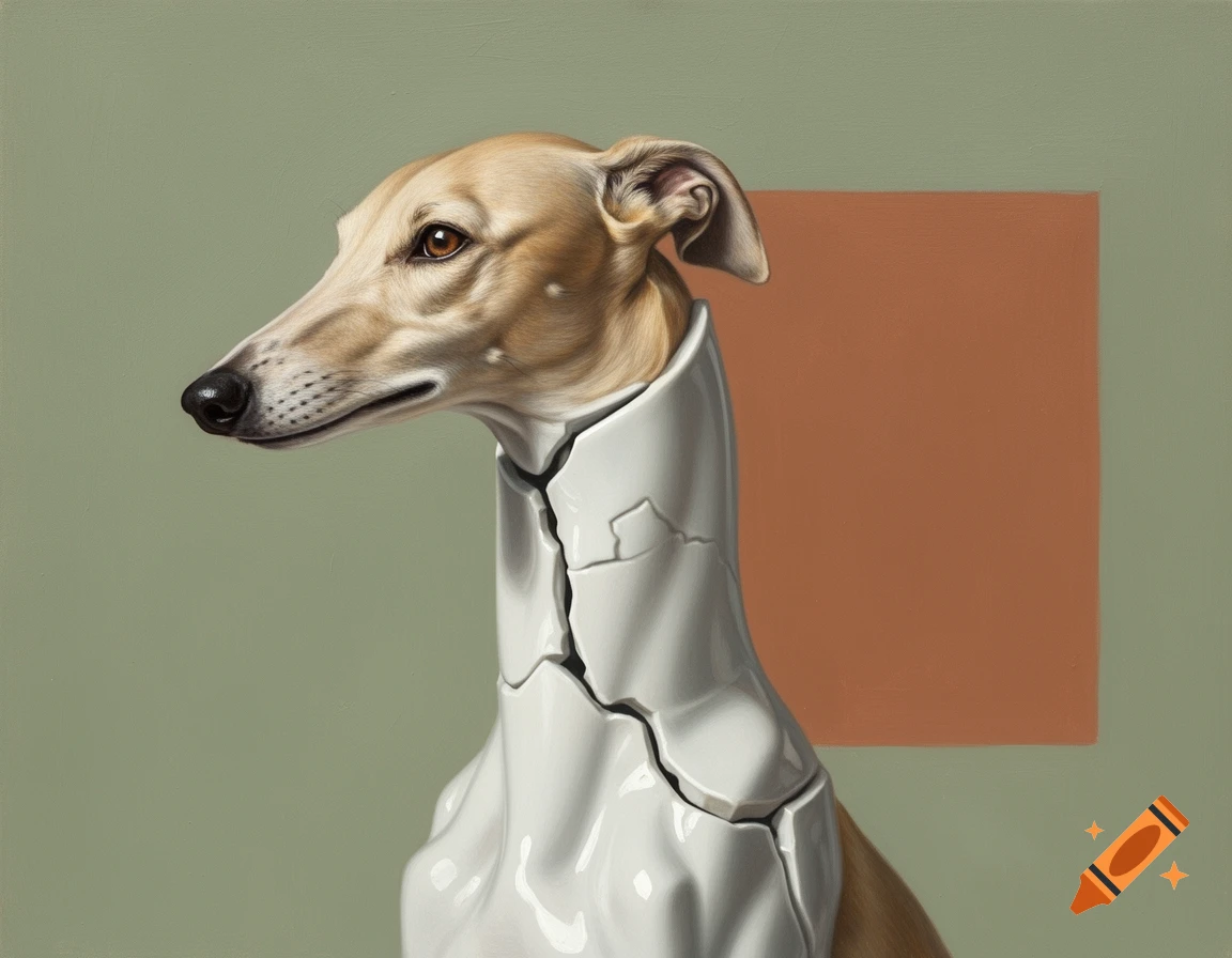 Oil painting of a beige greyhound's head and neck emerging from a broken white porcelain sculpture on a sage green and terracotta background.
