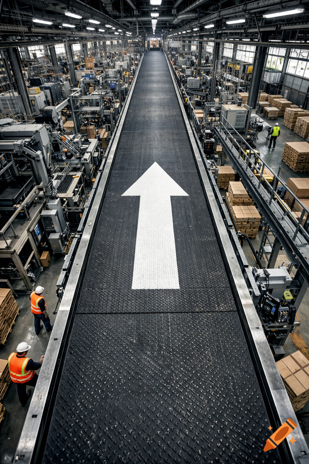 Bird eye view of a large black conveyor belt with a prominent white forward arrow in an industrial factory with workers.
