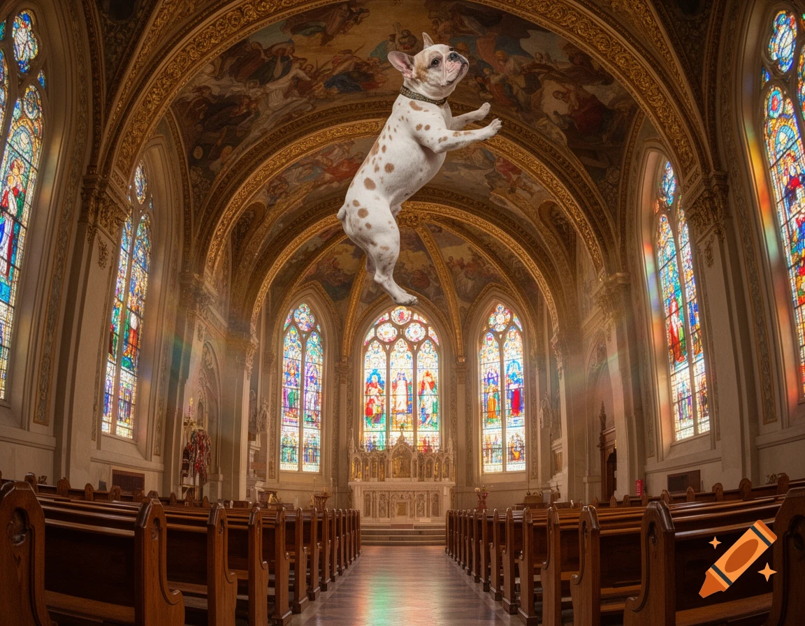 A white French Bulldog with brown spots floats whimsically in a grand, ornate church interior with towering stained glass windows and arched ceilings.