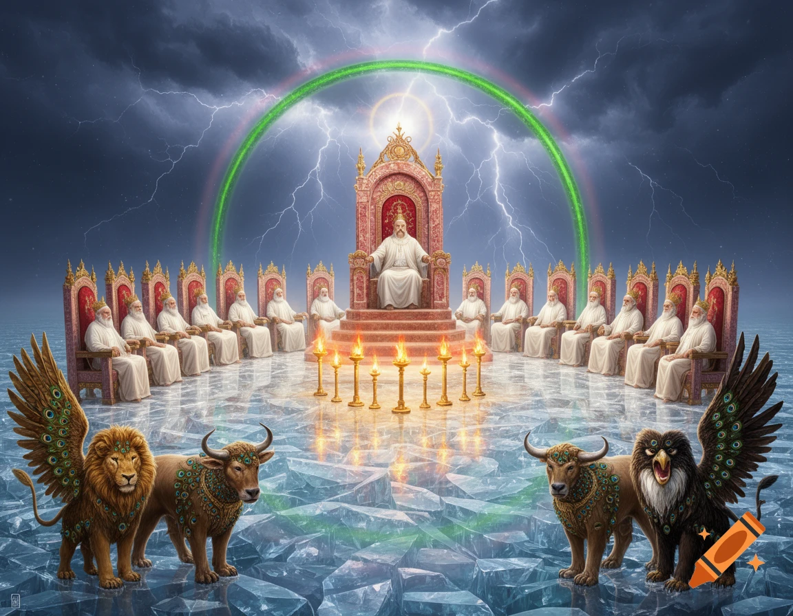 A divine scene with a central figure on a golden throne, surrounded by twenty-four robed elders on smaller thrones, under a stormy sky with lightning and a glowing green rainbow. Two large mythical beasts, a winged lion and a bull, stand on a crystal-like sea in the foreground.
