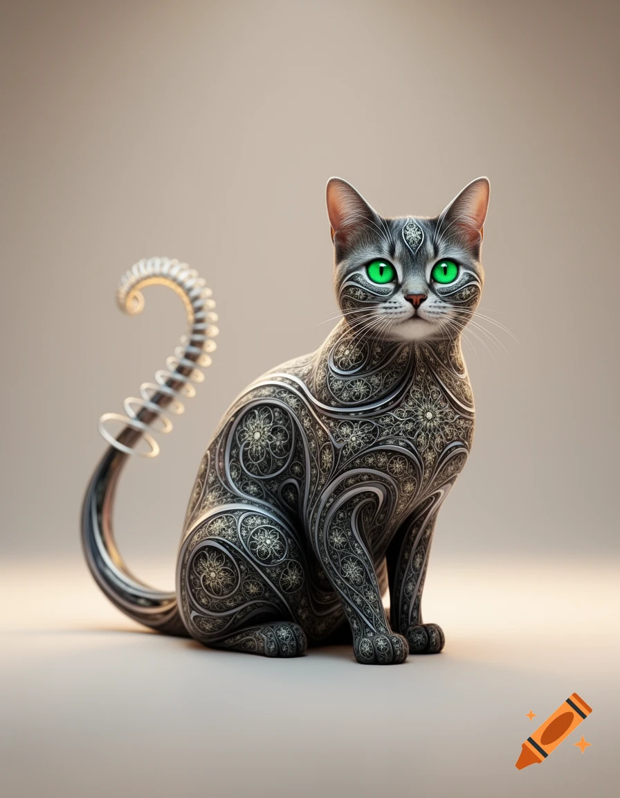A highly detailed, ornamental cat with intricate metallic patterns, glowing green eyes, and a coiled, spring-like tail.