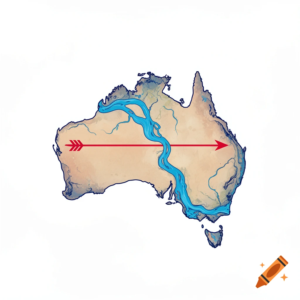 Illustrated map of Australia showing a blue river system, with a red arrow stretching horizontally across the continent.