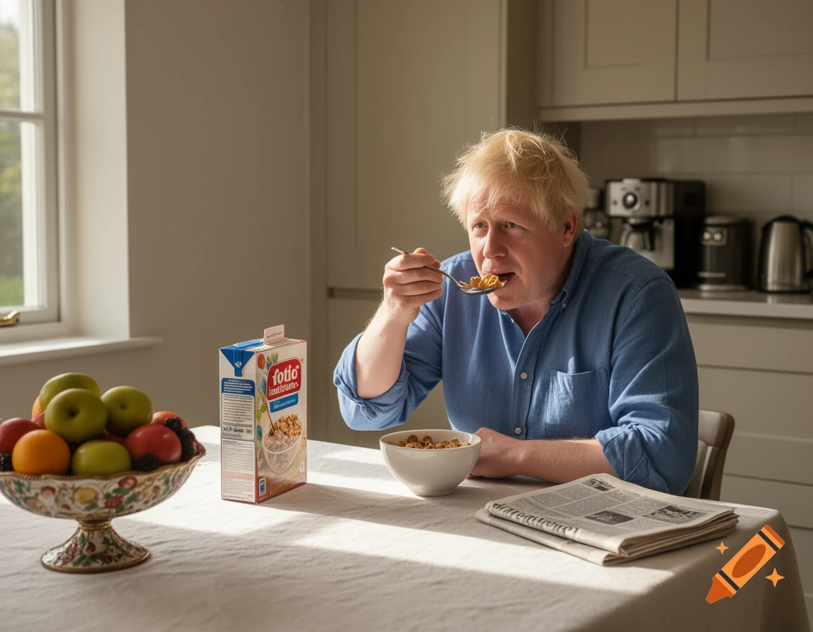 Boris Johnson sits at a kitchen table, eating cereal from a white bowl with a spoon, next to a fruit bowl, a cereal box with gibberish text, and a newspaper.
