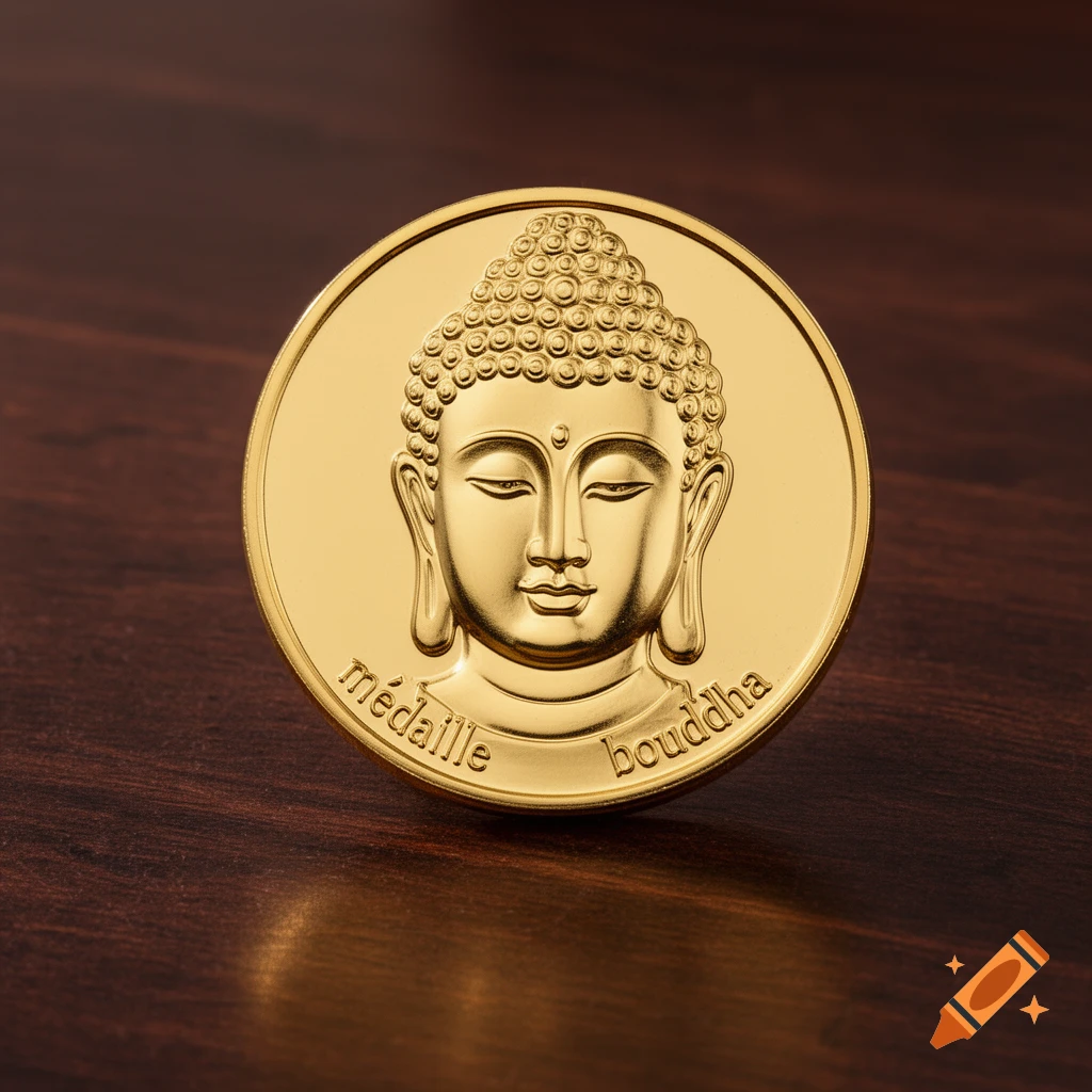 A gold medal with an embossed Buddha head and 'médaille bouddha' text, on a dark wood surface.