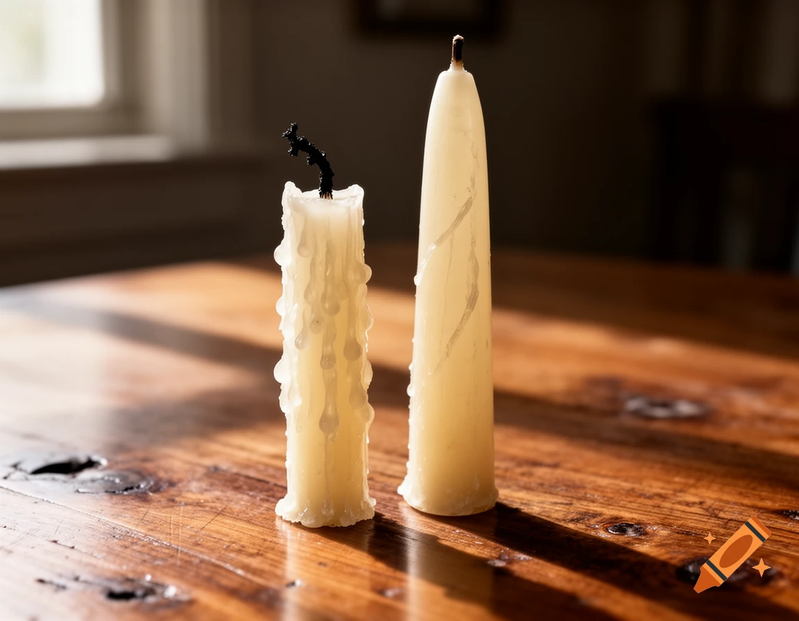Two unlit slim off-white candles, one short and melted, the other tall, stand on a wooden table.