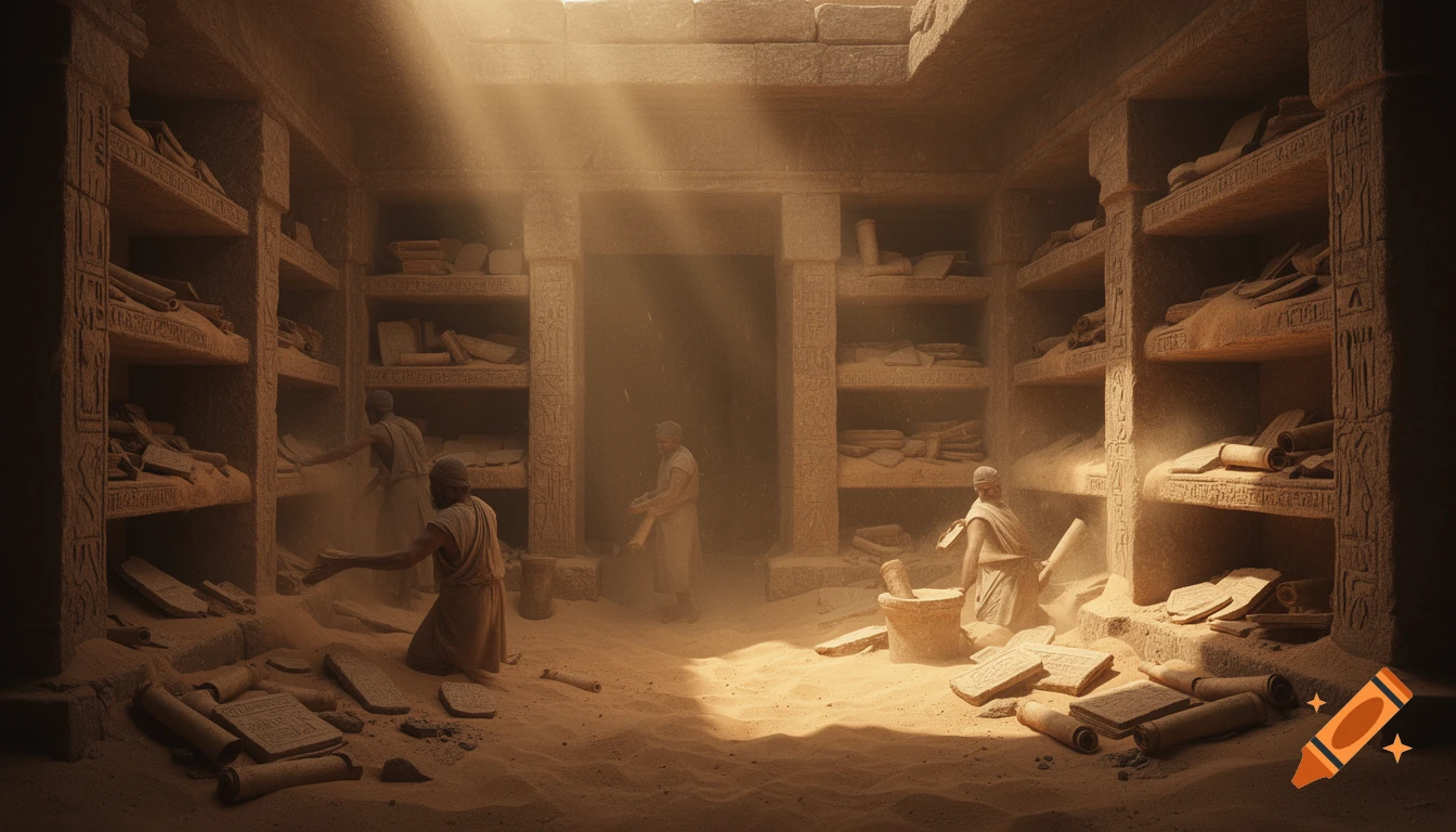 Archaeologists excavate a dusty, sunlit ancient archive with stone shelves holding scrolls and tablets.
