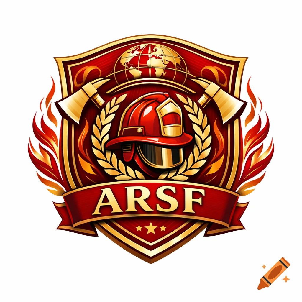 A stylized red and gold firefighter crest with a helmet, crossed axes, laurel wreath, flames, a globe, and "ARSF" text on a banner.