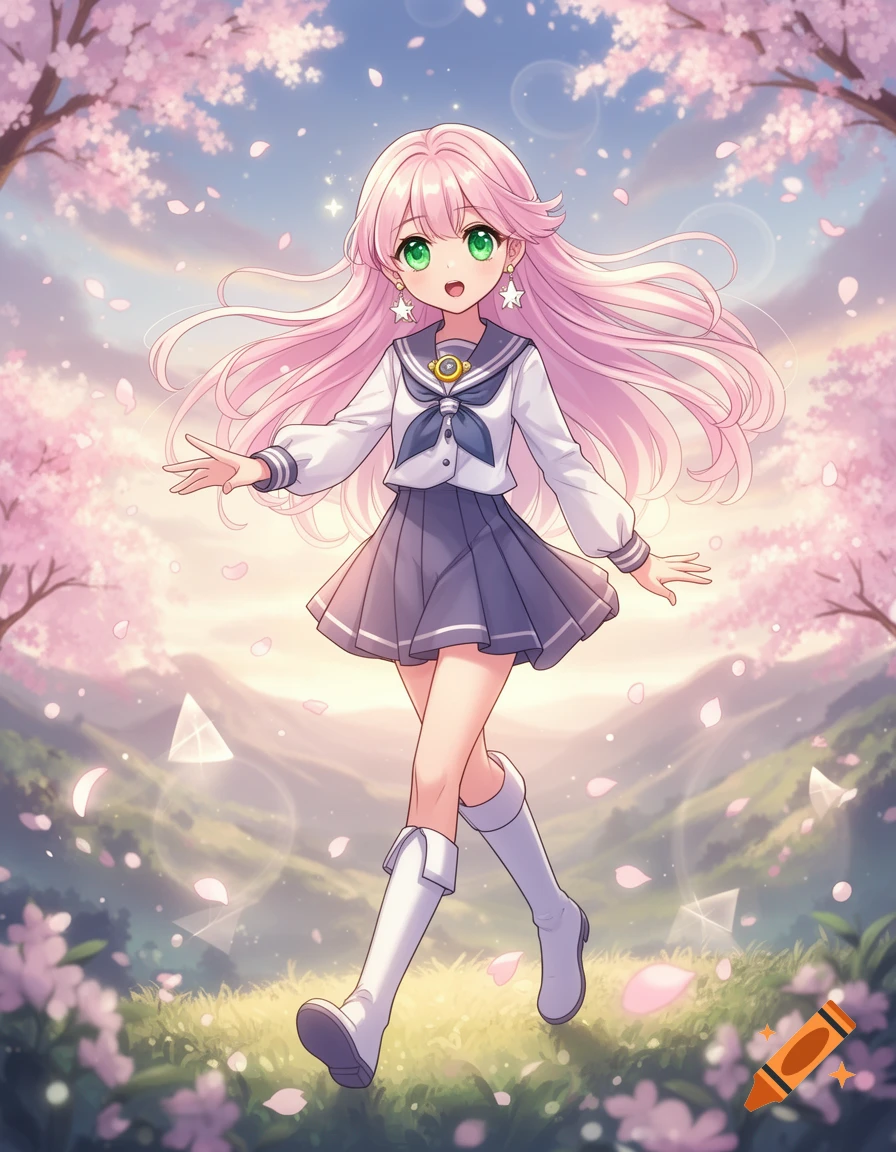 Anime girl with pink hair and green eyes in a sailor uniform walking ...