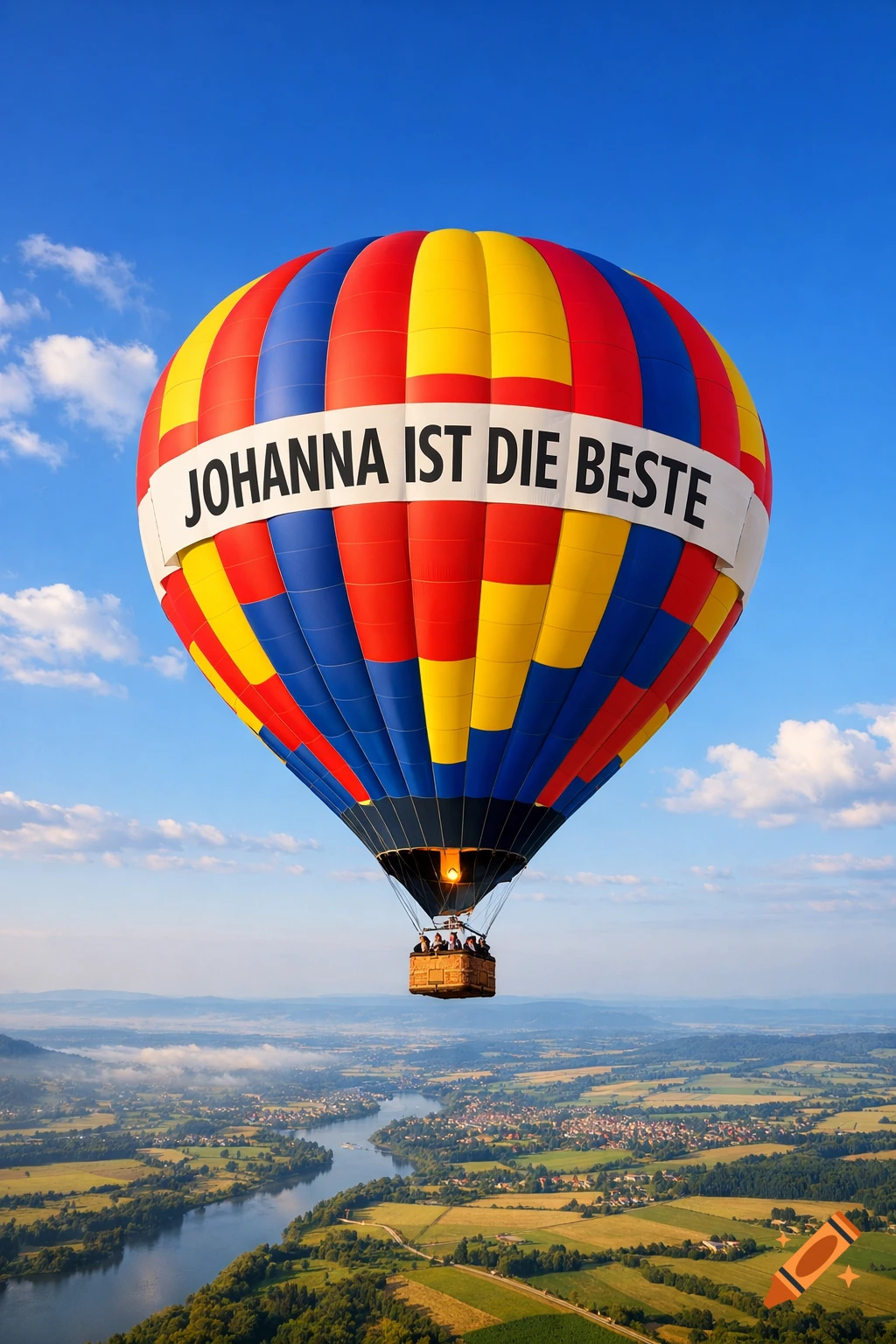 A colorful hot air balloon with 'JOHANNA IST DIE BESTE' written on it floats over a scenic river valley with fields and towns under a blue sky.