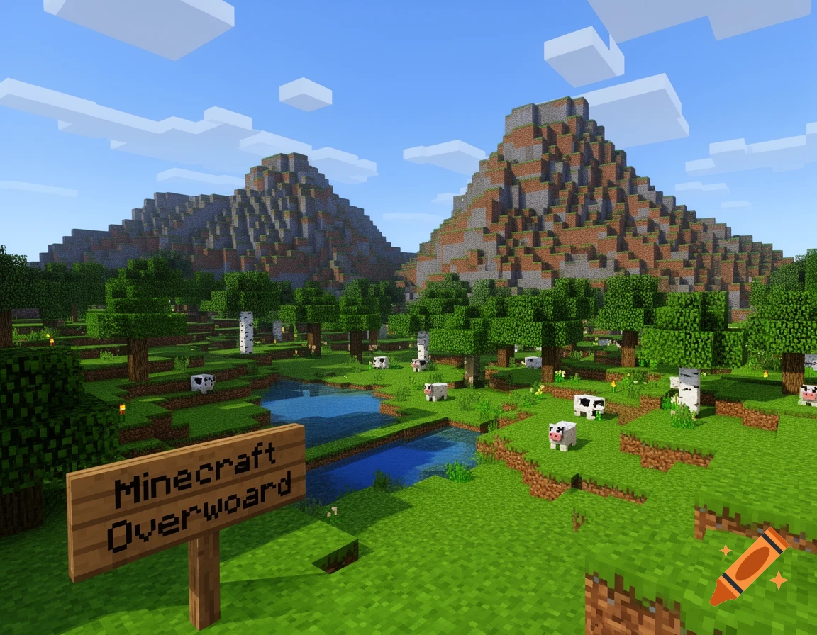 A blocky Minecraft landscape with mountains, trees, a river, cows, and ...
