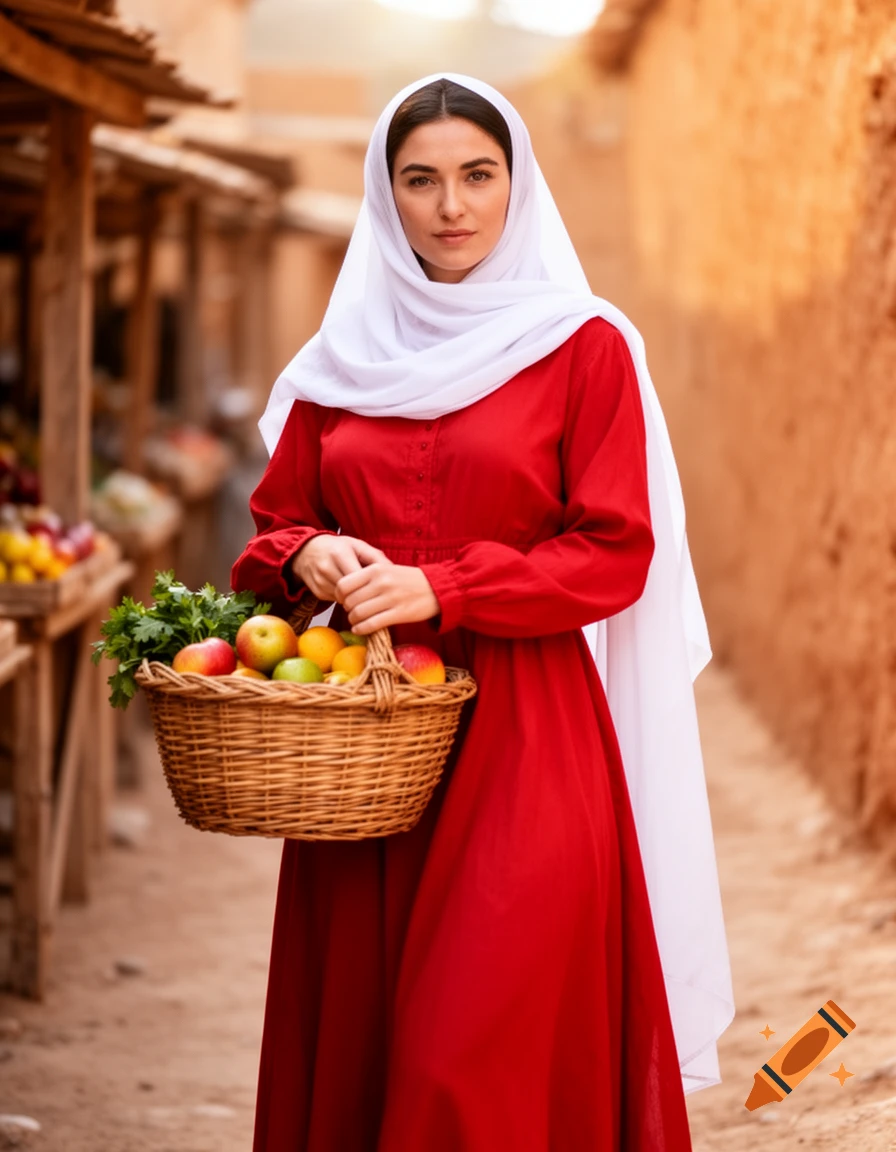 A woman in a white veil and red tunic holds a fruit basket at an outdoor market.