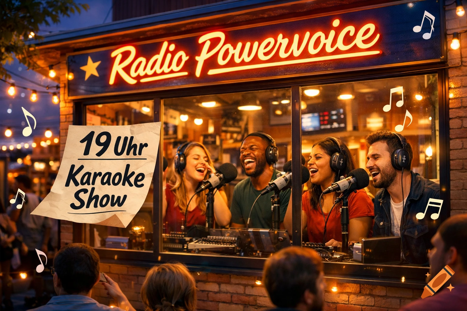People singing karaoke at a neon-lit 'Radio Powervoice' station at night, with a '19 Uhr Karaoke Show' sign.