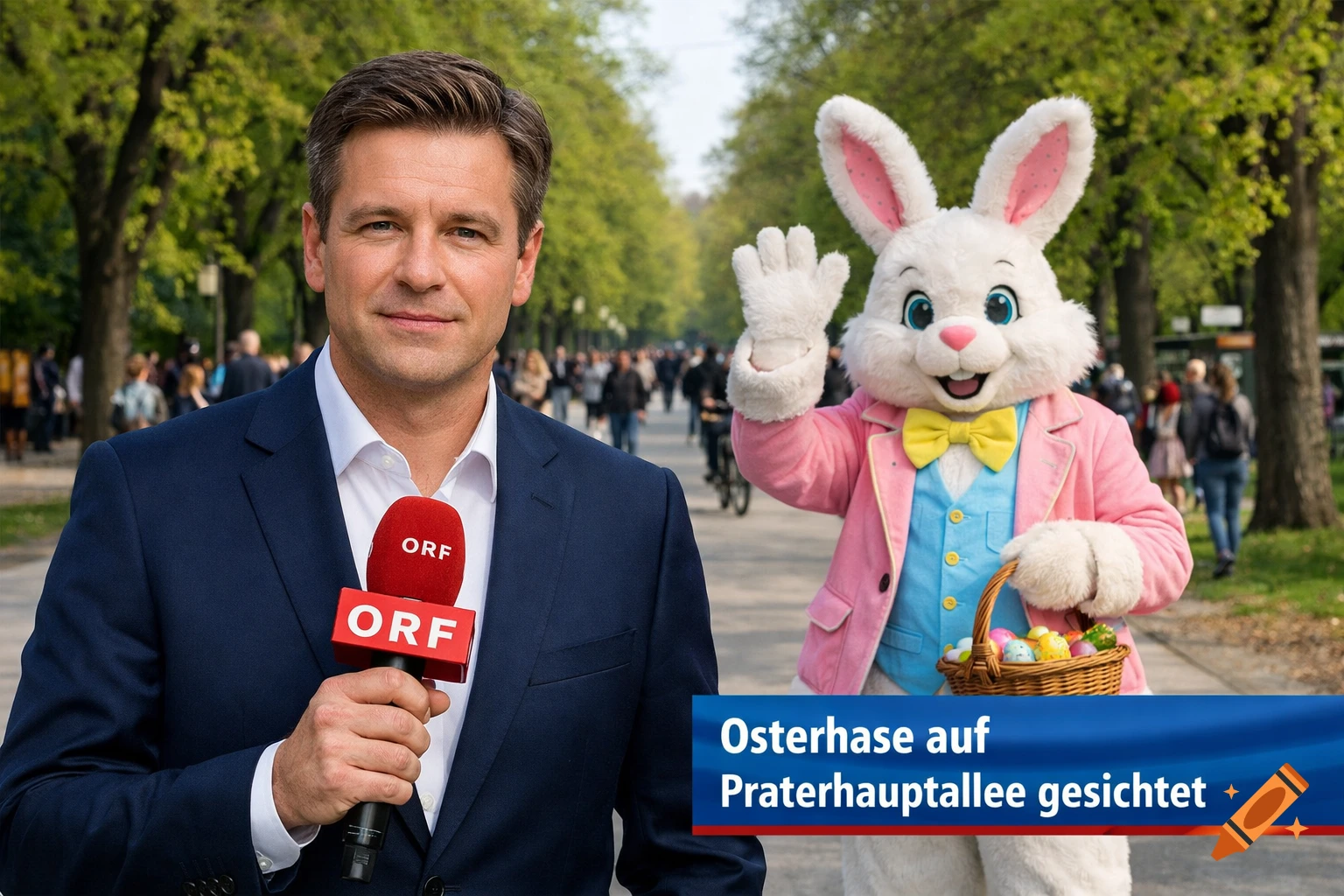 A news reporter holding an ORF microphone stands in a park next to an Easter bunny mascot waving. A banner reads "Osterhase auf Praterhauptallee gesichtet".
