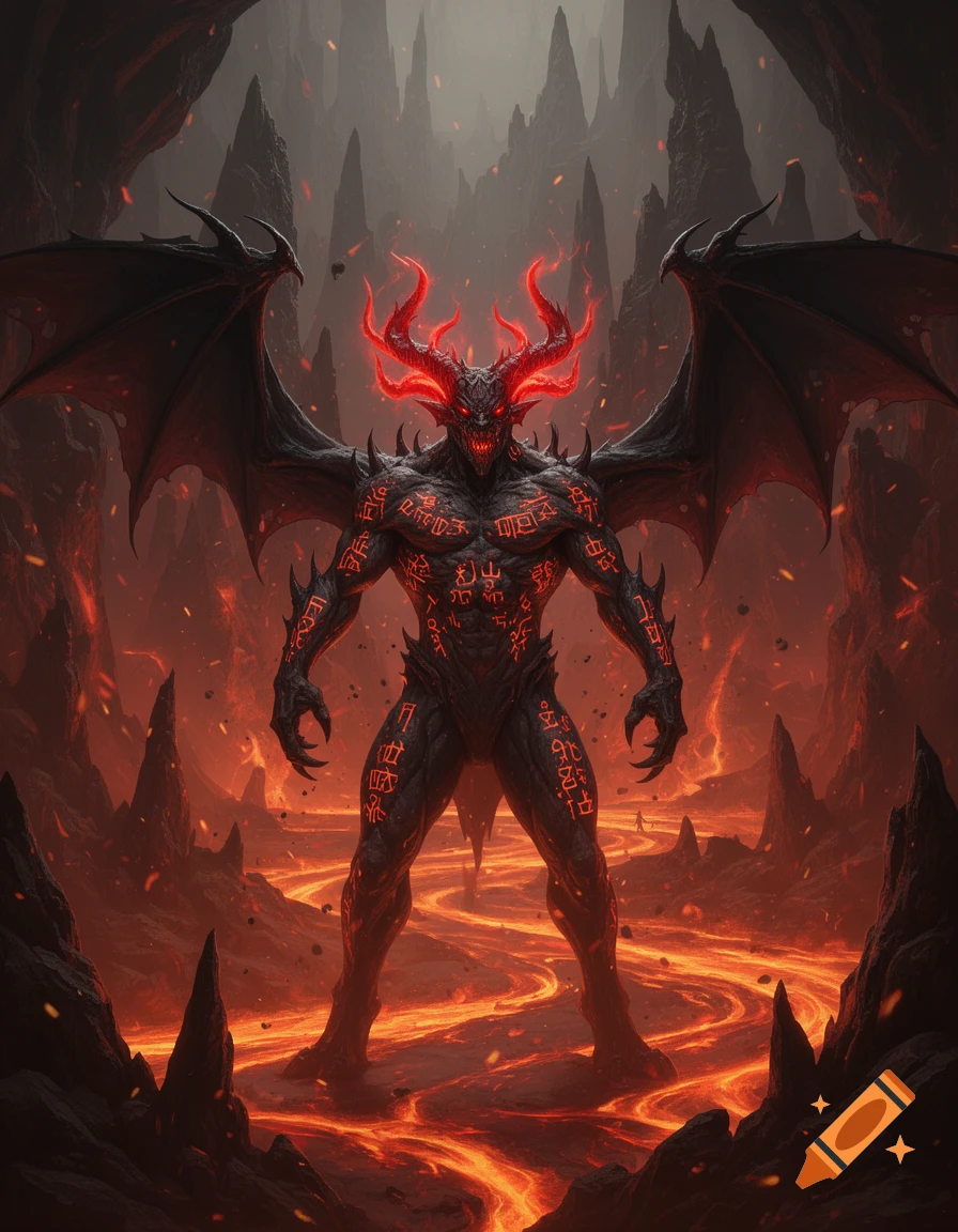 A powerful, horned demon with glowing red runes on its body stands in a fiery, volcanic landscape with flowing lava.