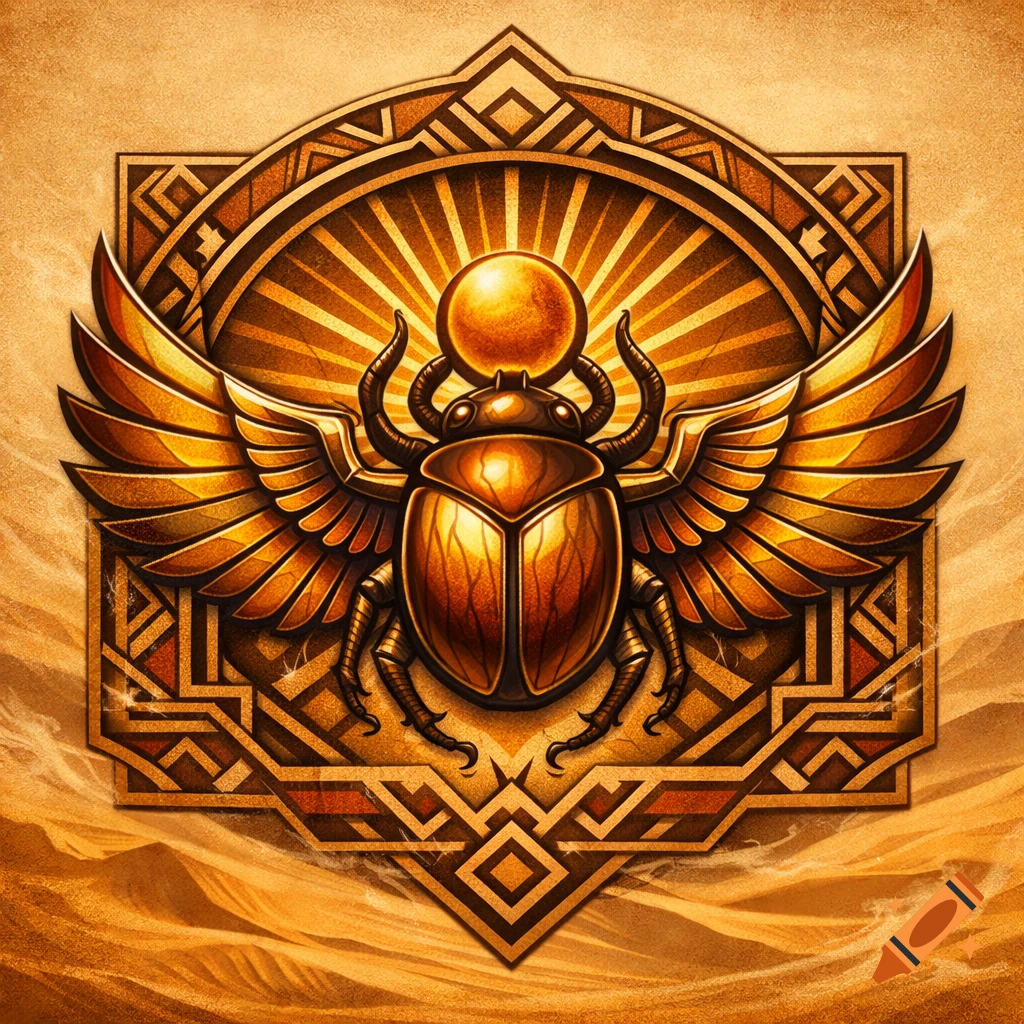 Golden winged scarab beetle emblem with a sun disk, in an ancient Egyptian style, set against a sandy background.