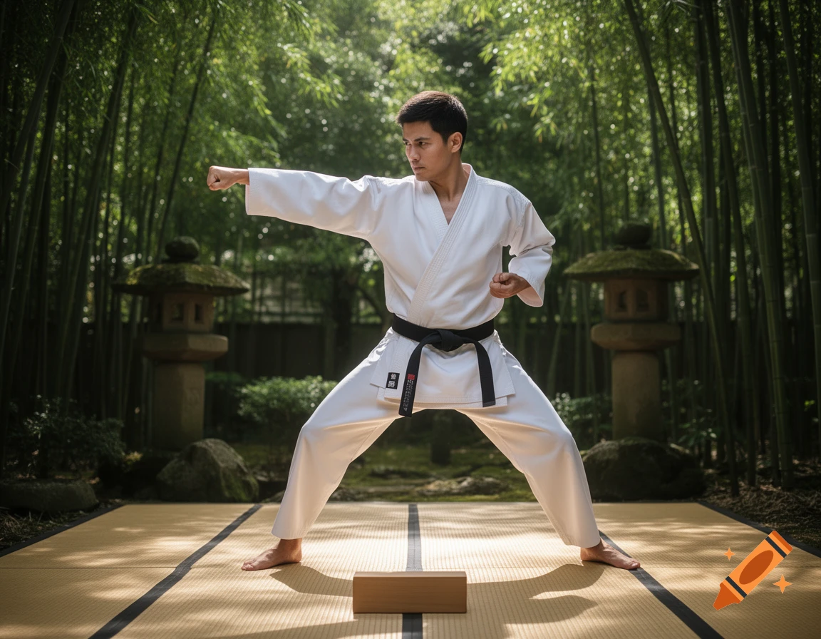 A man in a white karate gi and black belt performs a punch in a bamboo forest on a tatami mat.