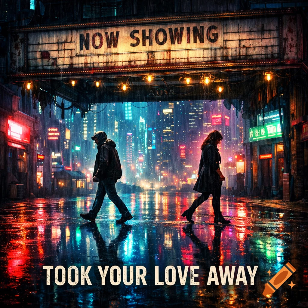 A man and woman walk away from each other on a wet, neon-lit cyberpunk street under a "NOW SHOWING" sign. Text reads "TOOK YOUR LOVE AWAY" at the bottom.