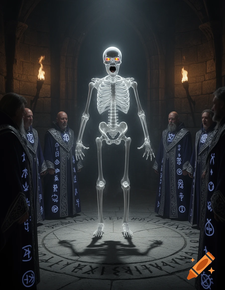 A glowing skeleton with red eyes screams at five robed sorcerers in a dimly lit stone chamber, standing on a ritualistic symbol-etched floor.