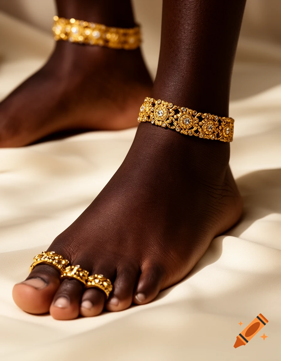 Close-up of dark-skinned feet adorned with ornate gold anklets and toe rings on a light-colored fabric.