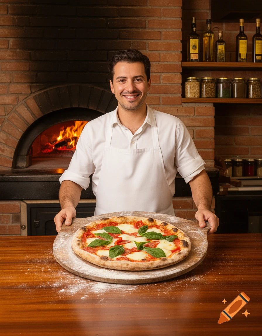 A smiling chef holds a fresh pizza on a wooden peel in front of a brick pizza oven.