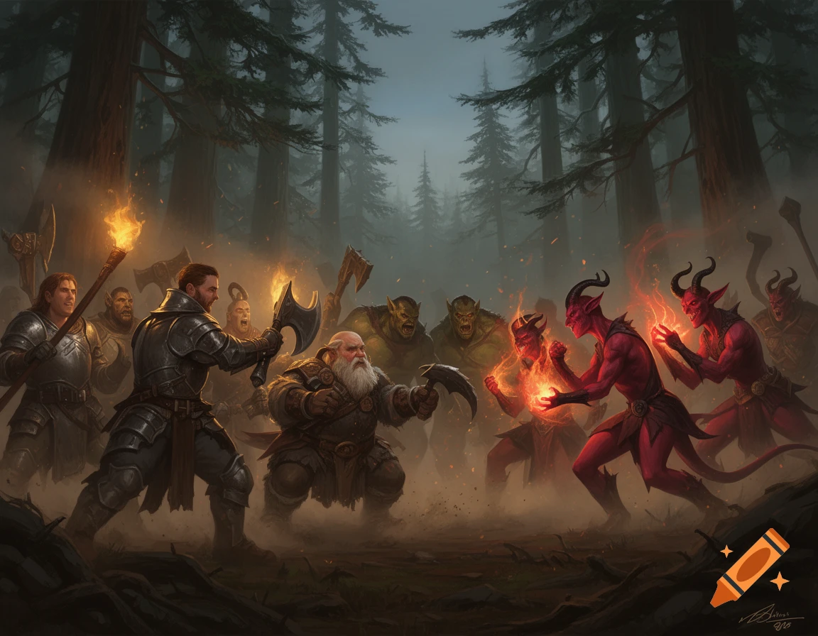 A group of fantasy warriors including men, dwarves, and orcs battles red-skinned Tieflings casting fiery spells in a dark, misty forest.