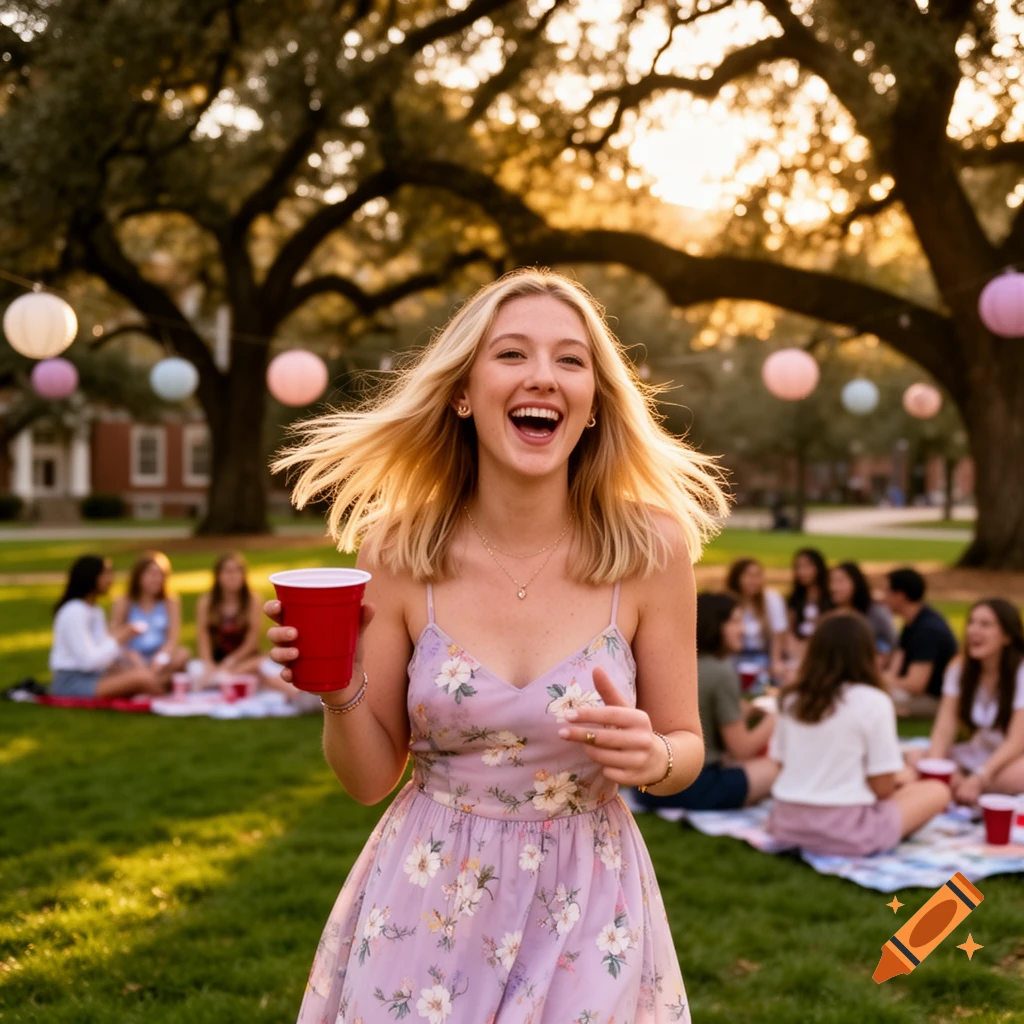 A laughing young woman holding a red cup, foregrounded against a lively outdoor social gathering on a sunny day.