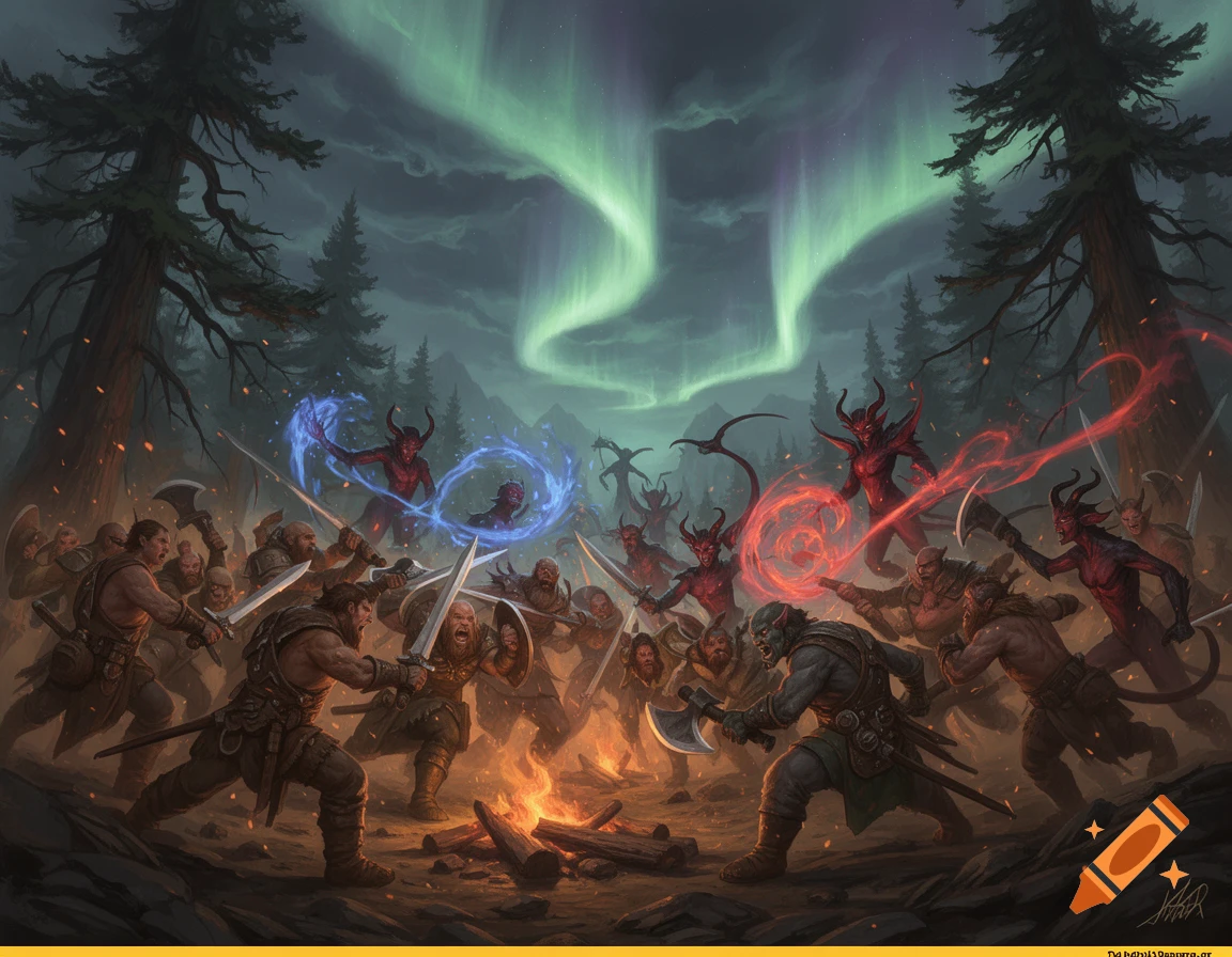 A Dungeons & Dragons style fantasy battle scene in a dark forest, with men, dwarves, and orcs fighting red-skinned Tieflings under a green aurora.