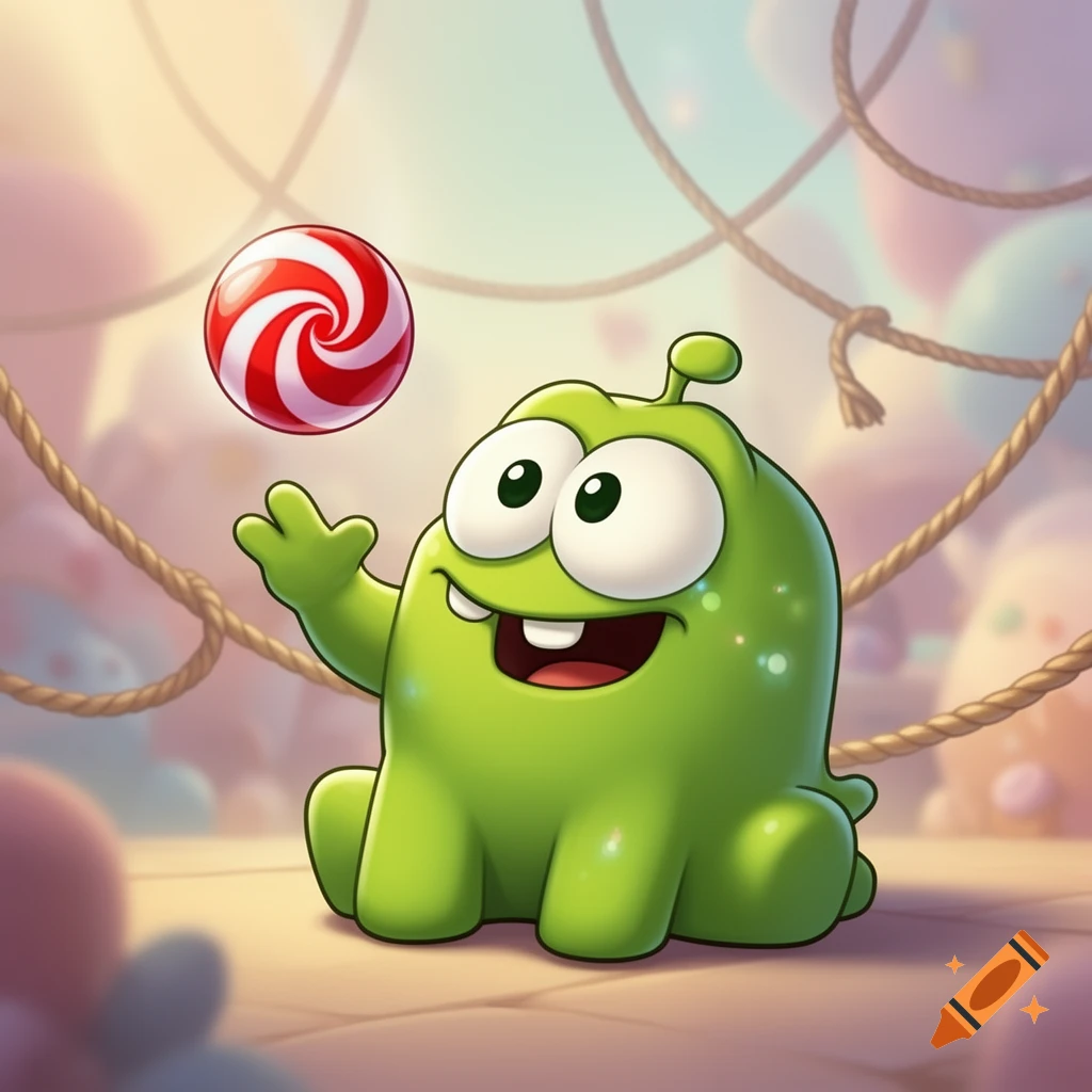 Green cartoon character Om Nom smiling, reaching for a floating red and white swirl candy in a bright, soft background.
