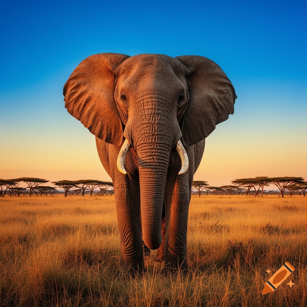 A close-up, front-facing view of a large African elephant with tusks, standing in a golden savanna at sunset.