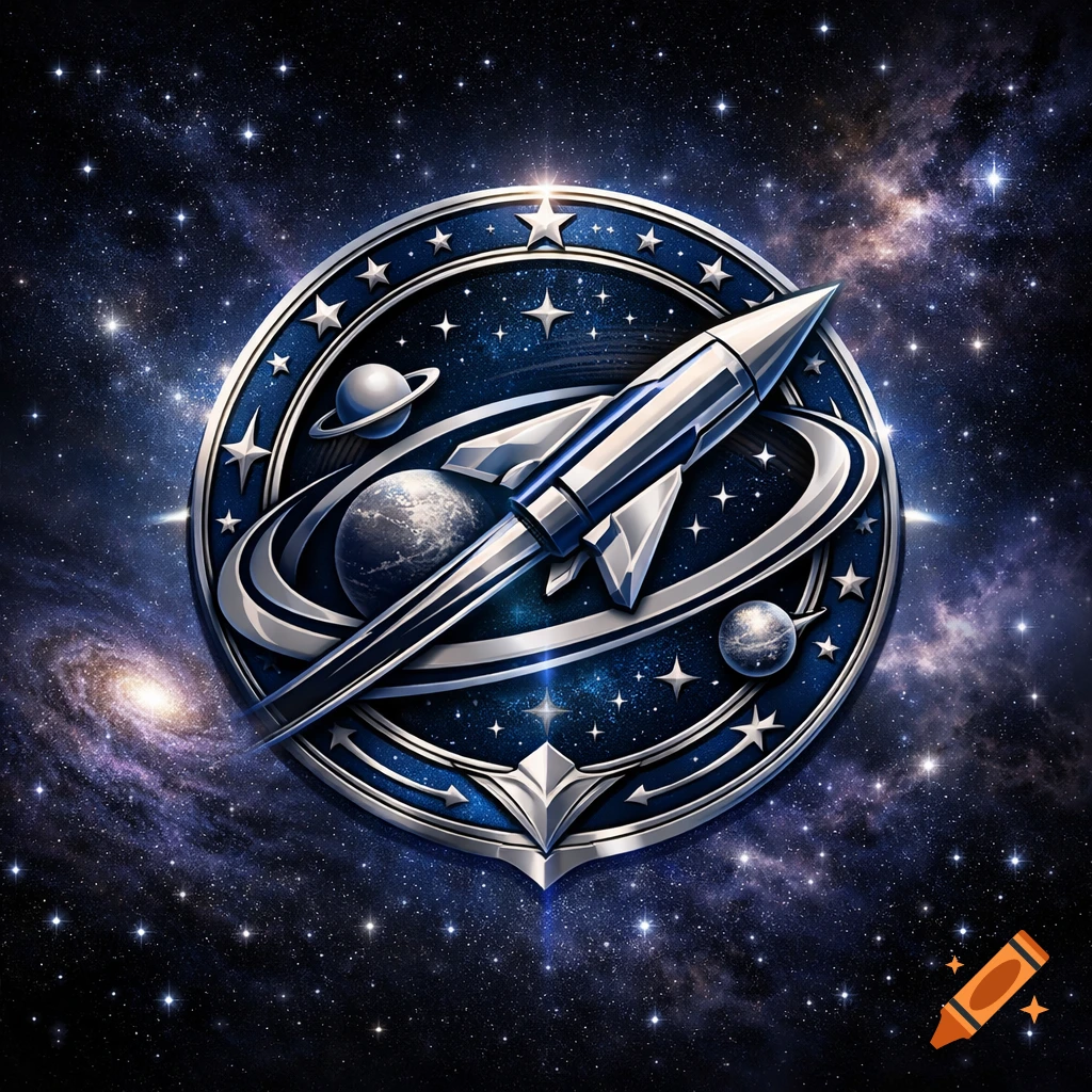A detailed metallic space insignia featuring a rocket, planets, and stars against a deep blue galaxy background.