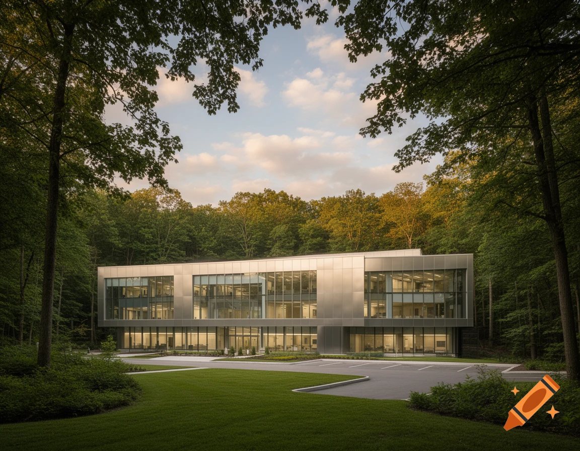 A modern, metallic and glass building surrounded by a lush green forest under a partly cloudy sky, with a parking lot in front.